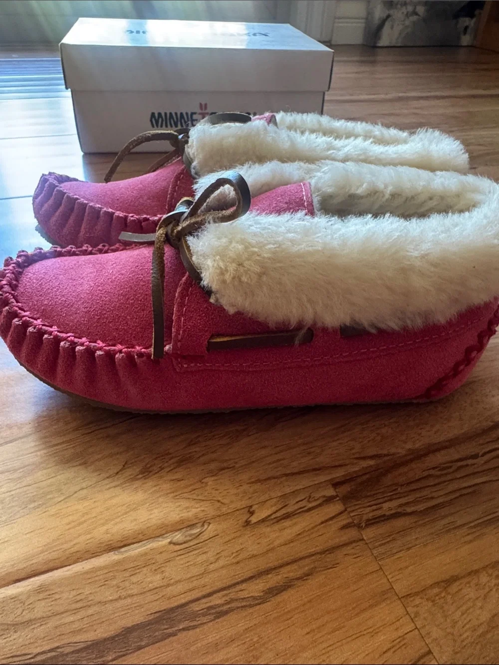 Minnetonka Pink Suede Moccasins with Cream Faux Fur Trim for Kids